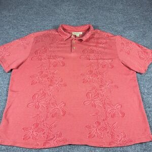 Tommy Bahama Mens XXL Coral Red Silk Cotton Floral Hibiscus Jacquard Polo Shirt